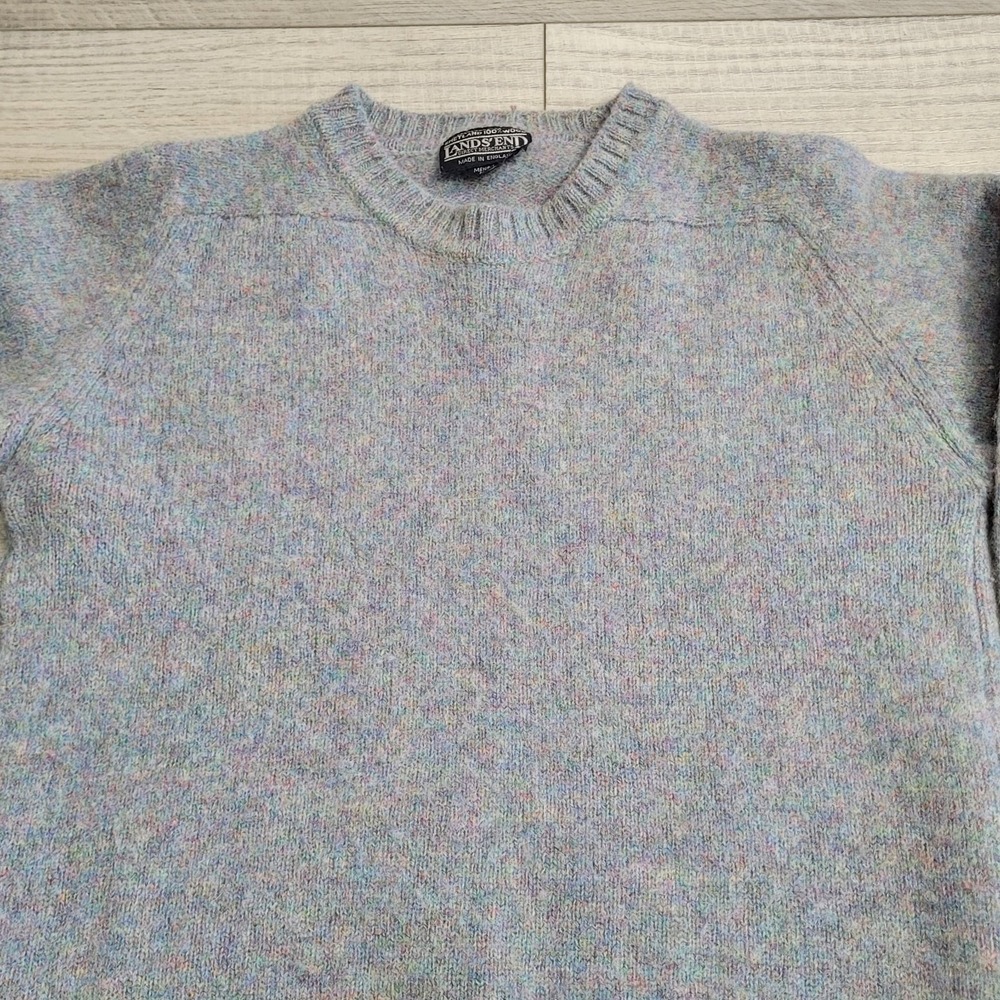 🐑Vintage Lands End Sweater Men M Blue Gray Shetland Wool Crewneck Made England - Picture 4 of 11